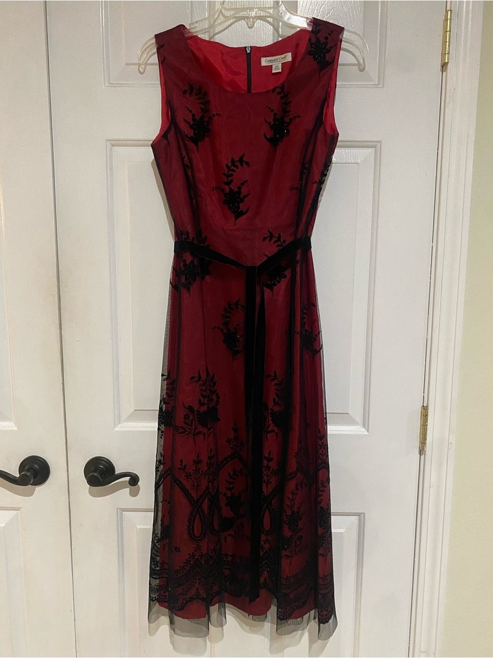 Coldwater Creek Classic Red Sleeveless Dress with Black Lace Overlay